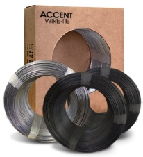 Coils of black and silver wire with a box labeled 'Accent Wire-Tie,' used for recycling and packaging supplies.