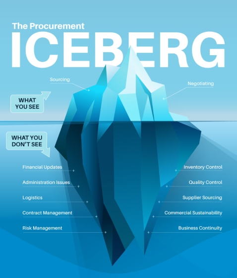 The Procurement Iceberg diagram highlighting visible and hidden complexities of sourcing plastic feedstock, including logistics, quality control, and sustainability.