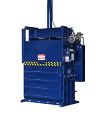 Blue industrial recycling equipment, specifically a baler machine designed for compacting recyclable materials into bales.