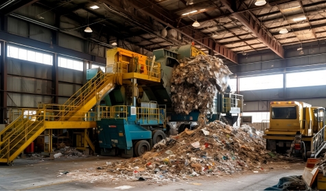 Industrial facility with waste processing equipment, showcasing a recycling process for alternative energy solutions.